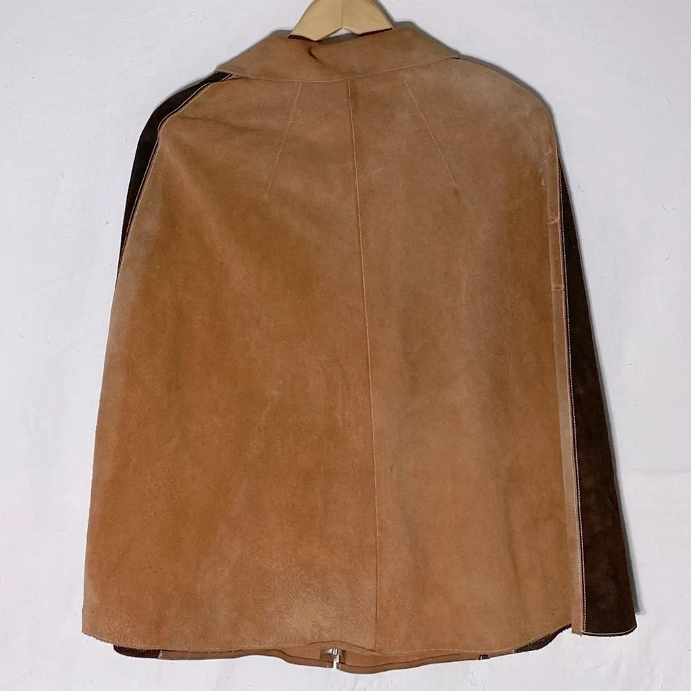 Vintage Two Tone Tan Brown Suede Leather Cape M Boho Western - Picture 2 of 16